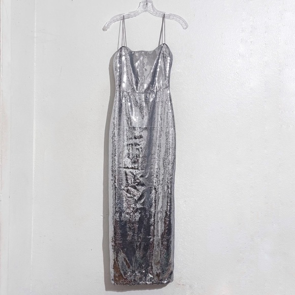 Reformation Frankie Sequin Midi Dress Gown in Silver Sequin - Picture 6 of 13